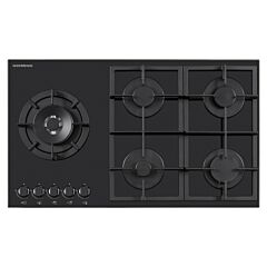 Nordmende HGX904BGL 90Cm Gas Hob With Cast Iron Pan Supports And Side Wok Burner Black Glass