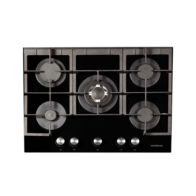 Nordmende HGX703BGL 70Cm Gas Hob With Cast Iron Pan Supports And Central Wok Burner Black Glass