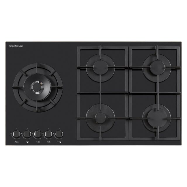 Nordmende HGX904BGL 90Cm Gas Hob With Cast Iron Pan Supports And Side Wok Burner Black Glass